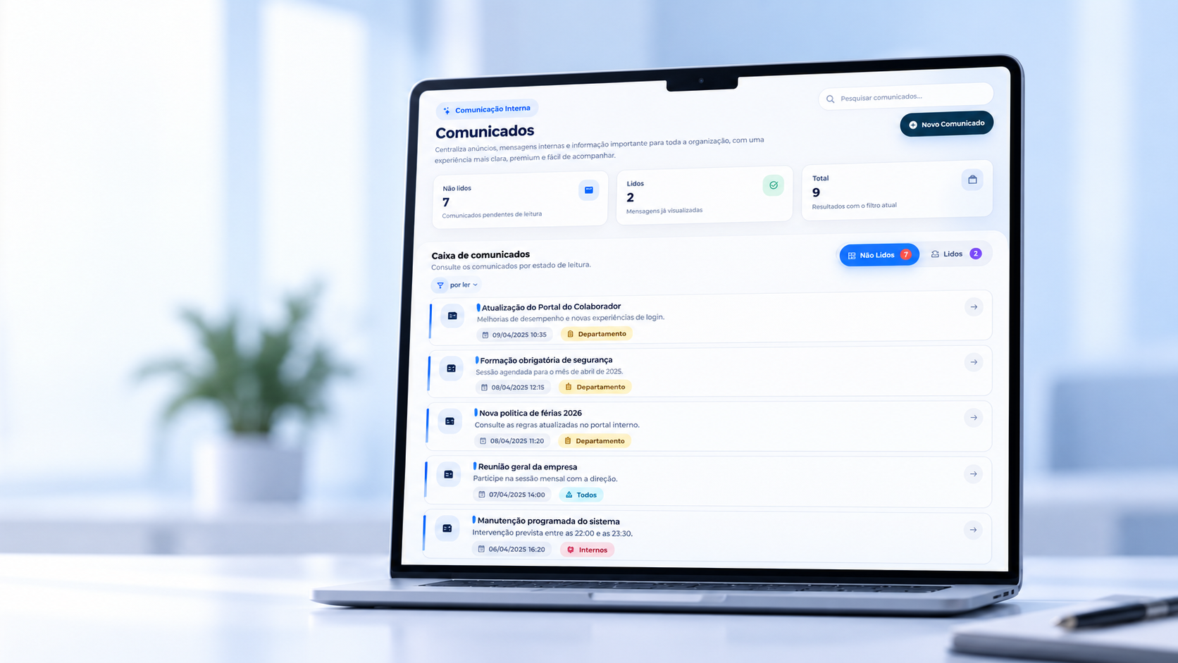 Gestão de comunicados internos no TimeCloudHR