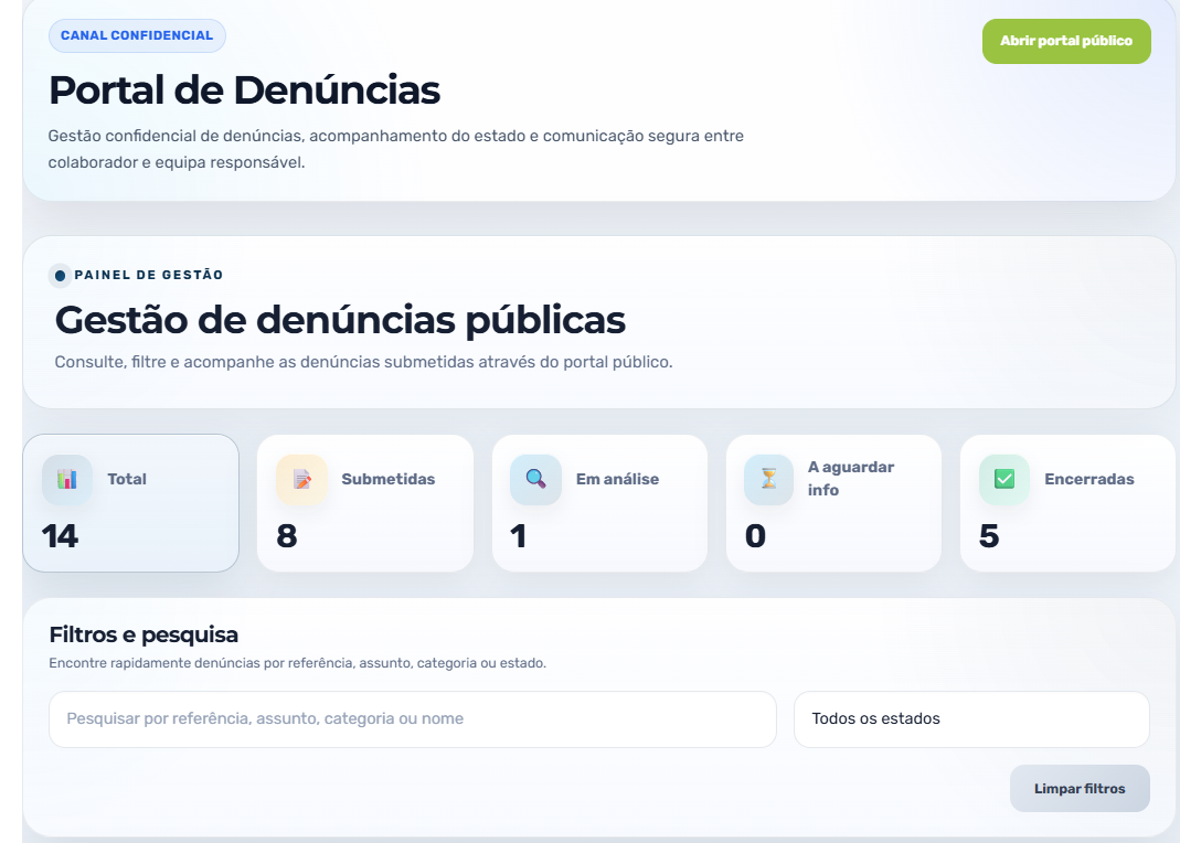 Área de gestão de denúncias no TimeCloudHR
