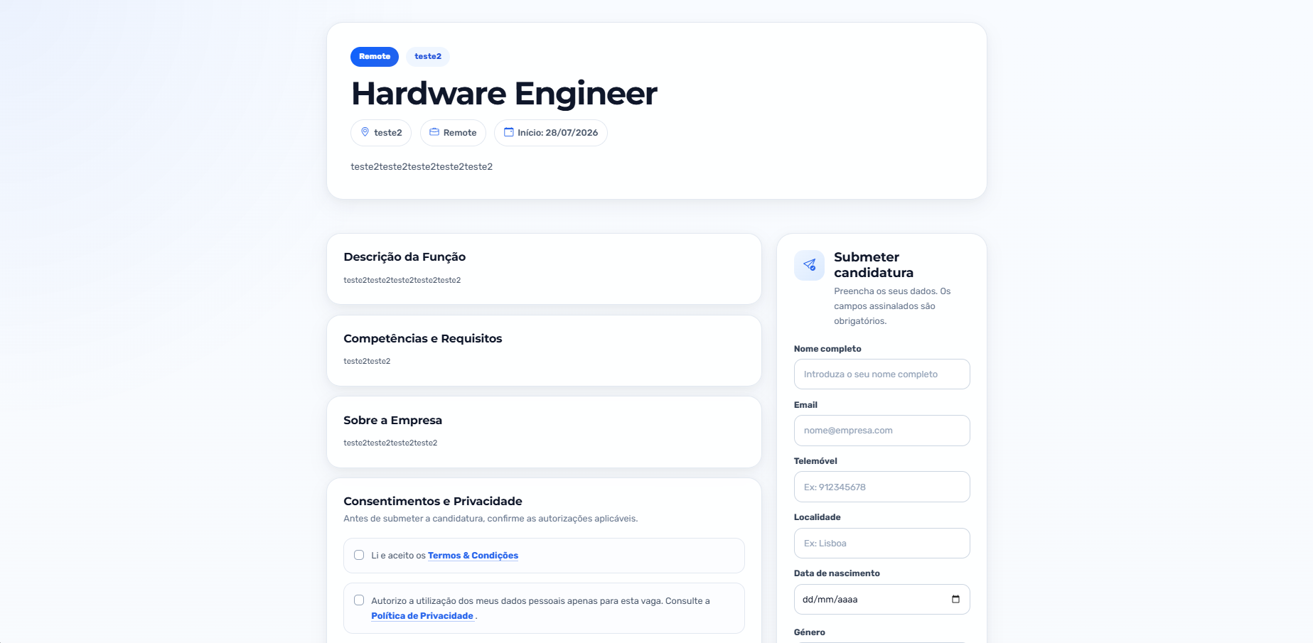 Portal público de candidatura do TimeCloudHR